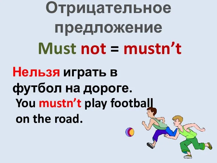 Отрицательное предложение Нельзя играть в футбол на дороге. You mustn’t play football