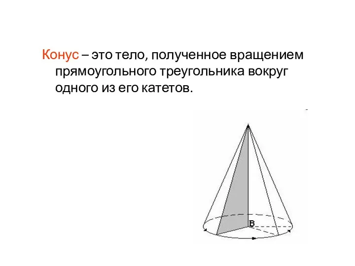 Конус – это тело, полученное вращением прямоугольного треугольника вокруг одного из его катетов.
