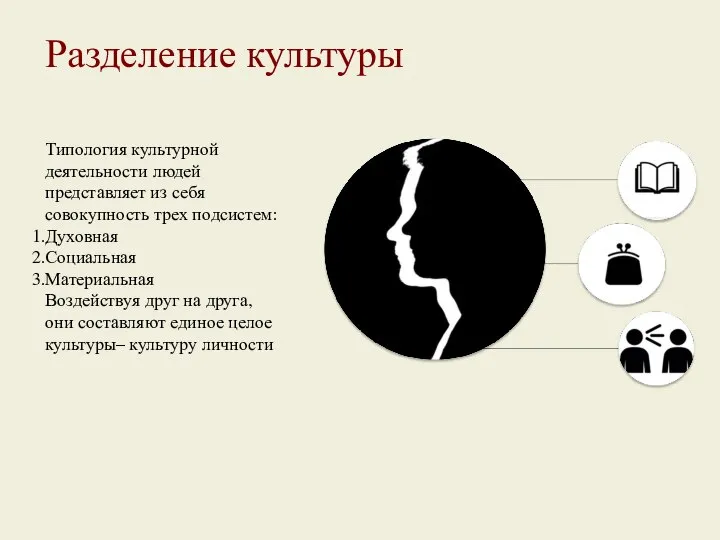 Разделение культуры Типология культурной деятельности людей представляет из себя совокупность трех подсистем: