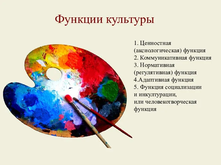 Функции культуры 1. Ценностная (аксиологическая) функция 2. Коммуникативная функция 3. Нормативная (регулятивная)