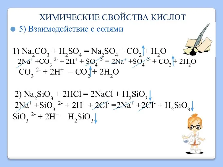 ХИМИЧЕСКИЕ СВОЙСТВА КИСЛОТ 5) Взаимодействие с солями 1) Na2CO3 + H2SO4 =