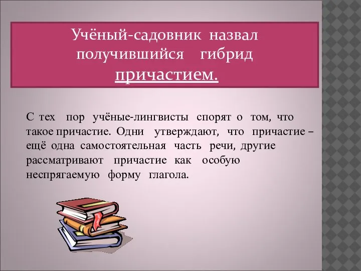 Учёный-садовник назвал получившийся гибрид причастием. С тех пор учёные-лингвисты спорят о том,