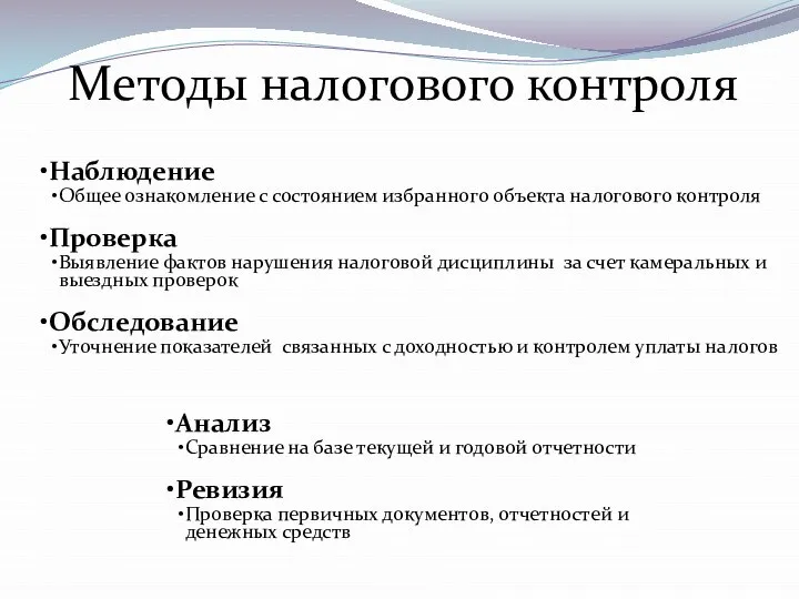 Методы налогового контроля Наблюдение Общее ознакомление с состоянием избранного объекта налогового контроля