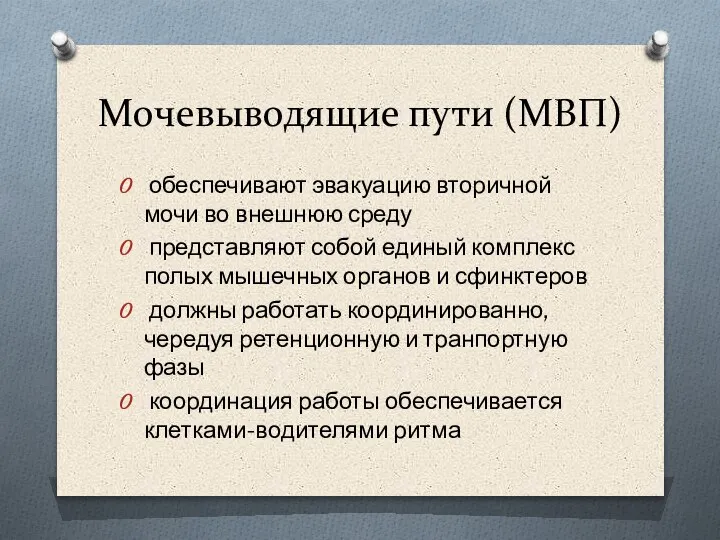 Мочевыводящие пути (МВП) обеспечивают эвакуацию вторичной мочи во внешнюю среду представляют собой