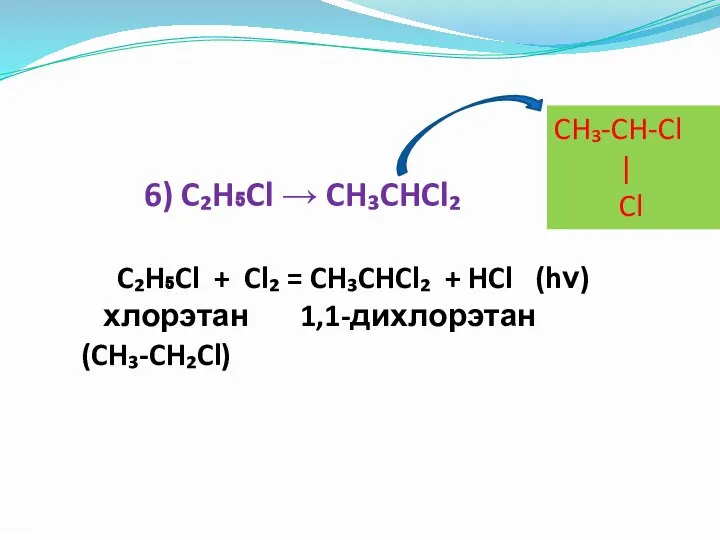 6) C₂H₅Cl → CH₃CHCl₂ C₂H₅Cl + Cl₂ = CH₃CHCl₂ + HCl (hν)