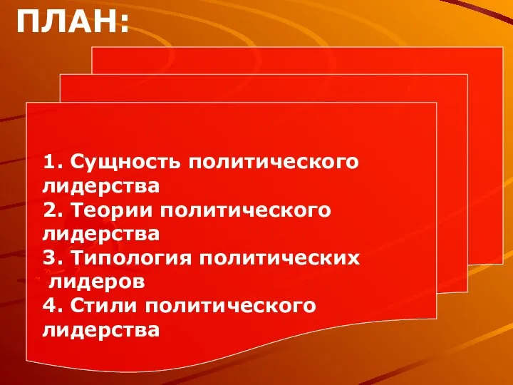 1. Сущность политического лидерства 2. Теории политического лидерства 3. Типология политических лидеров