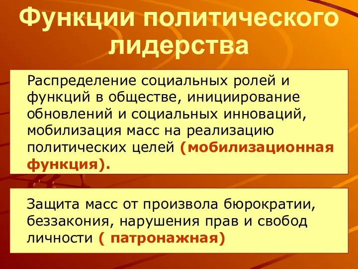 Функции политического лидерства Защита масс от произвола бюрократии, беззакония, нарушения прав и