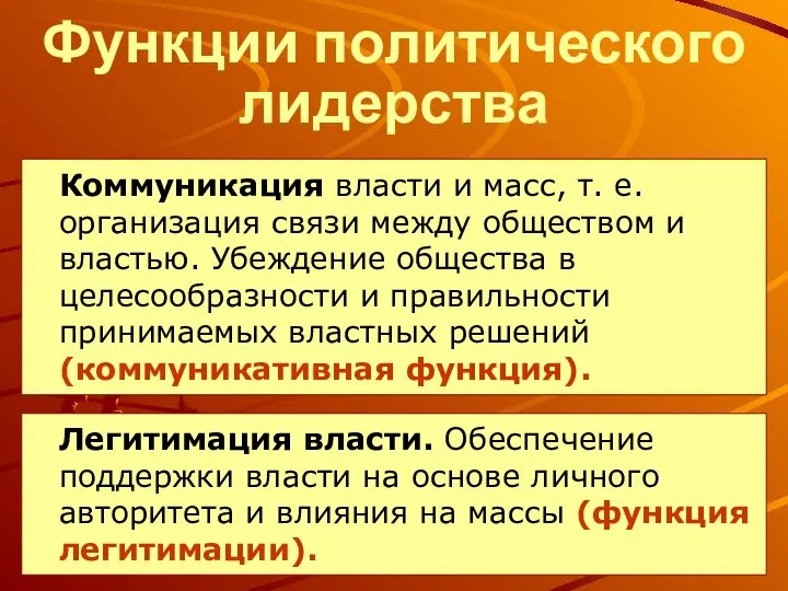 Функции политического лидерства Коммуникация власти и масс, т. е. организация связи между