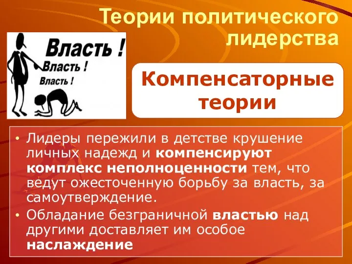 Теории политического лидерства Лидеры пережили в детстве крушение личных надежд и компенсируют