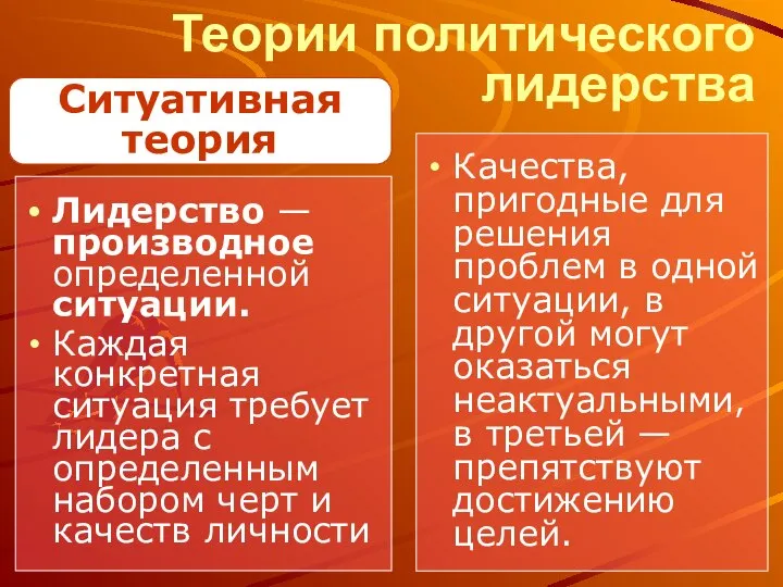 Теории политического лидерства Лидерство — производное определенной ситуации. Каждая конкретная ситуация требует