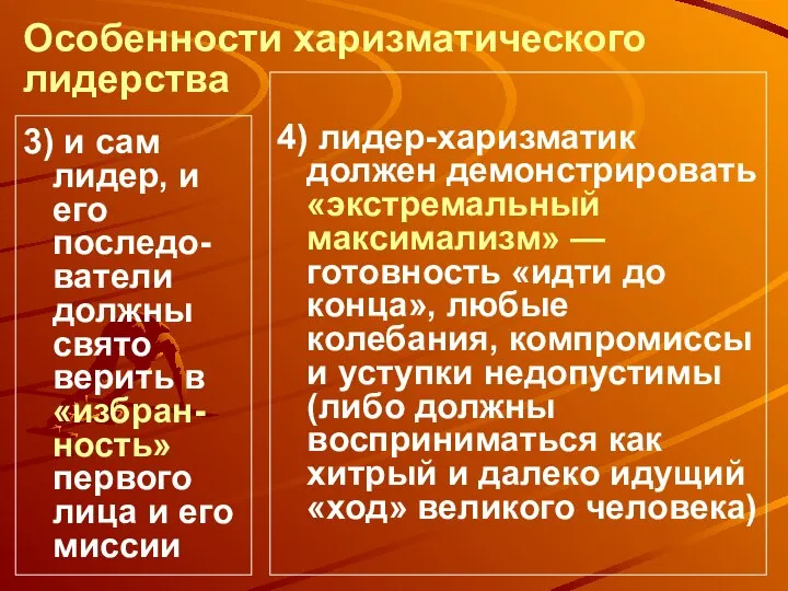 Особенности харизматического лидерства 3) и сам лидер, и его последо-ватели должны свято