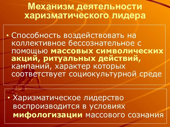 Механизм деятельности харизматического лидера Способность воздействовать на коллективное бессознательное с помощью массовых