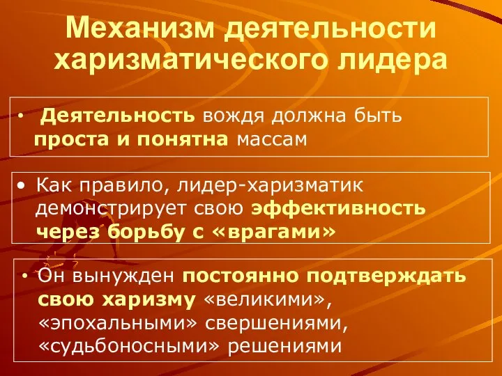 Механизм деятельности харизматического лидера Деятельность вождя должна быть проста и понятна массам