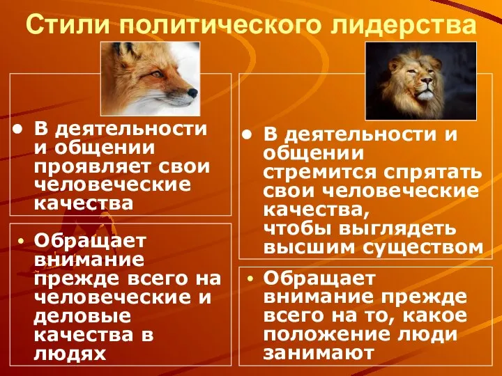 Стили политического лидерства Обращает внимание прежде всего на человеческие и деловые качества