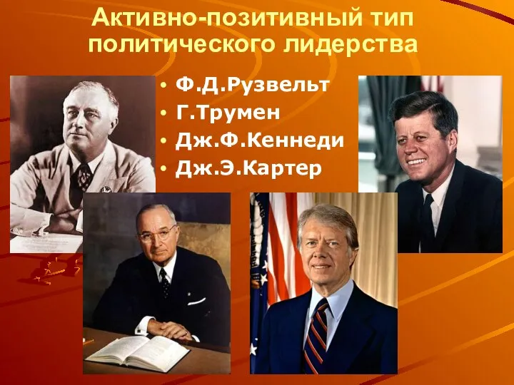 Активно-позитивный тип политического лидерства Ф.Д.Рузвельт Г.Трумен Дж.Ф.Кеннеди Дж.Э.Картер