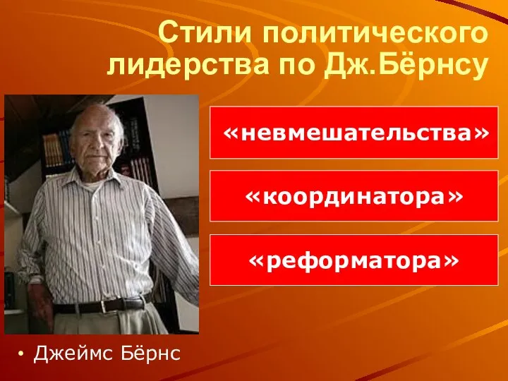 Стили политического лидерства по Дж.Бёрнсу Джеймс Бёрнс «невмешательства» «координатора» «реформатора»