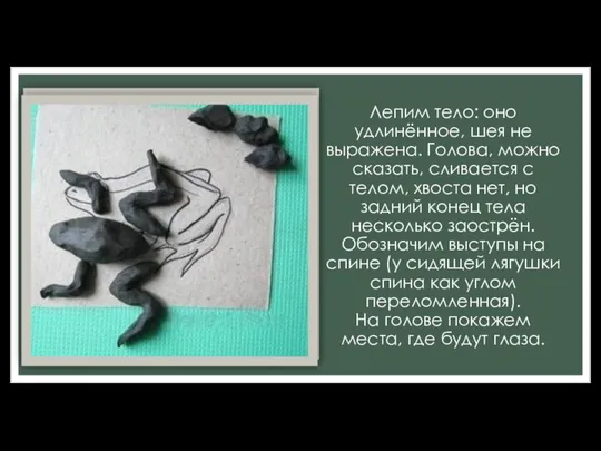 Лепим тело: оно удлинённое, шея не выражена. Голова, можно сказать, сливается с