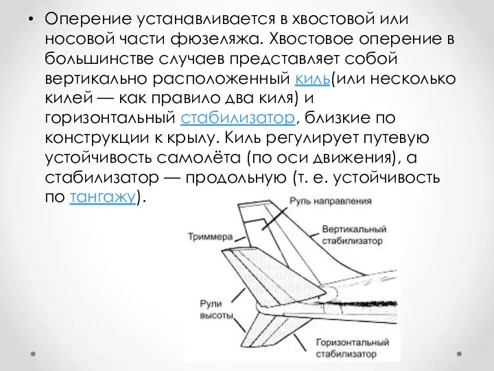 Оперение устанавливается в хвостовой или носовой части фюзеляжа. Хвостовое оперение в большинстве