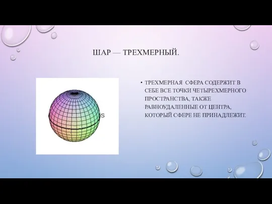 ШАР — ТРЕХМЕРНЫЙ. ТРЕХМЕРНАЯ СФЕРА СОДЕРЖИТ В СЕБЕ ВСЕ ТОЧКИ ЧЕТЫРЕХМЕРНОГО ПРОСТРАНСТВА,