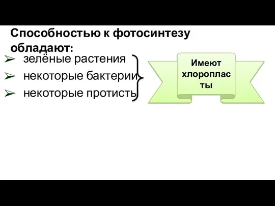 Способностью к фотосинтезу обладают: зелёные растения некоторые бактерии некоторые протисты Имеют хлоропласты