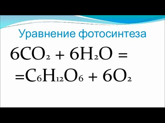 Уравнение фотосинтеза 6CO2 + 6H2O = =C6H12O6 + 6O2