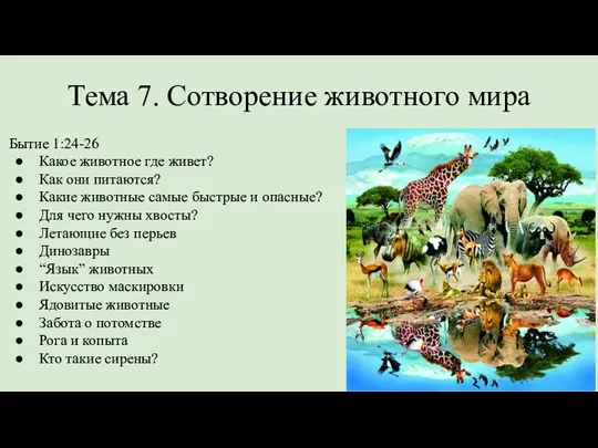 Тема 7. Сотворение животного мира Бытие 1:24-26 Какое животное где живет? Как