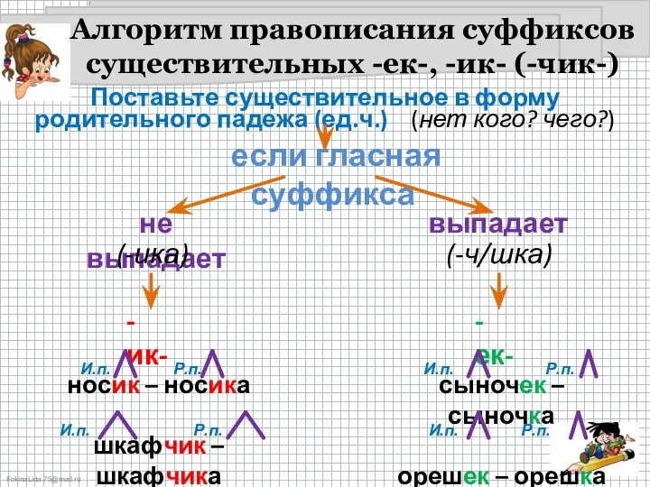 Алгоритм правописания суффиксов существительных -ек-, -ик- (-чик-) Поставьте существительное в форму родительного