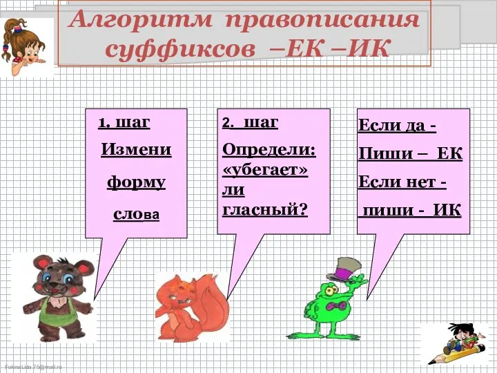 Алгоритм правописания суффиксов –ЕК –ИК 1. шаг Измени форму слова 2. шаг