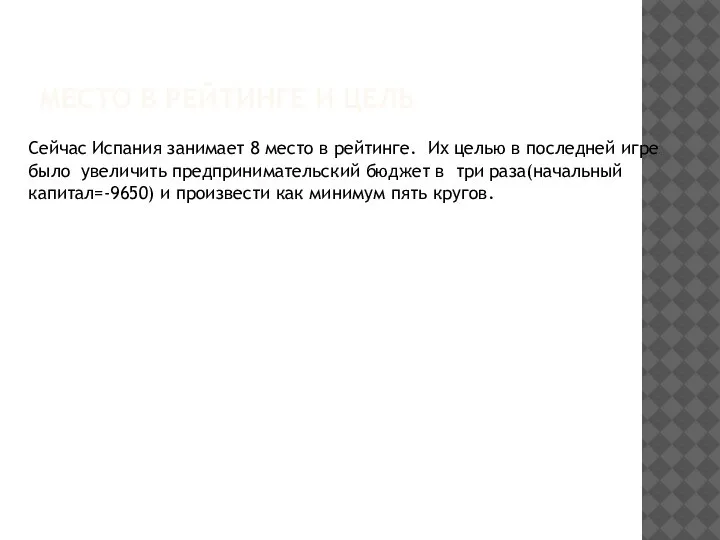 МЕСТО В РЕЙТИНГЕ И ЦЕЛЬ Сейчас Испания занимает 8 место в рейтинге.