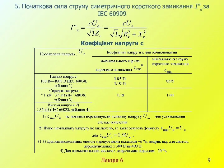 5. Початкова сила струму симетричного короткого замикання І"к за ІЕС 60909 Лекція 6 Коефіцієнт напруги с