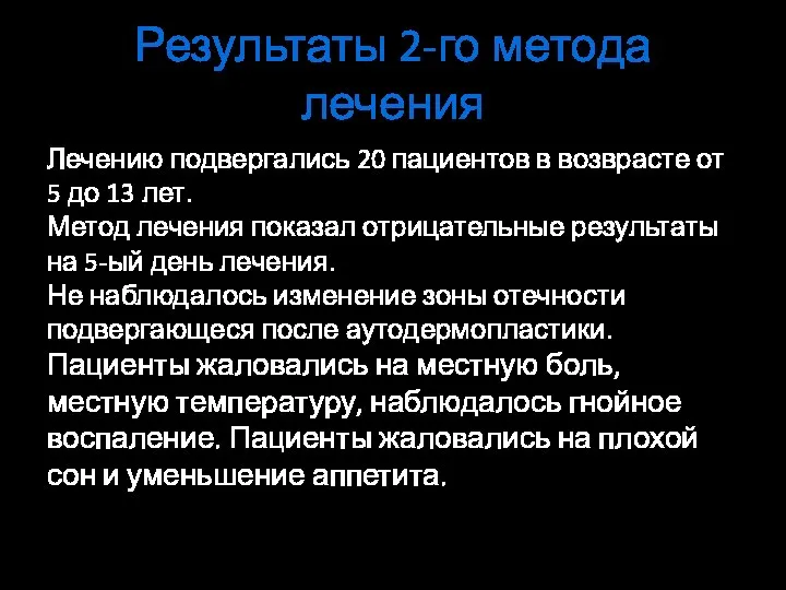 Результаты 2-го метода лечения Лечению подвергались 20 пациентов в возврасте от 5