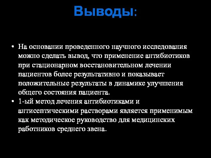 Выводы: На основании проведенного научного исследования можно сделать вывод, что применение антибиотиков