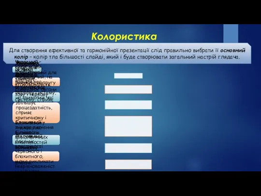 Колористика Для створення ефективної та гармонійної презентації слід правильно вибрати її основний