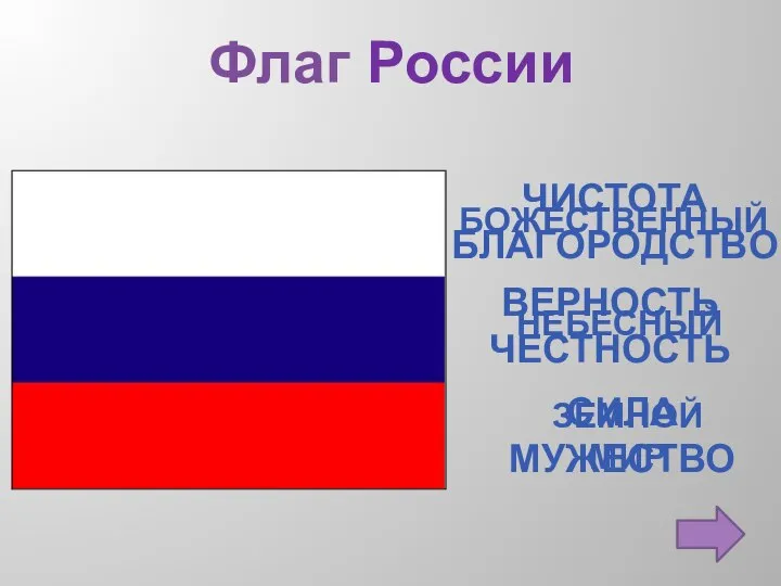 Флаг России БОЖЕСТВЕННЫЙ НЕБЕСНЫЙ ЗЕМНОЙ МИР СИЛА МУЖЕСТВО ВЕРНОСТЬ ЧЕСТНОСТЬ ЧИСТОТА БЛАГОРОДСТВО