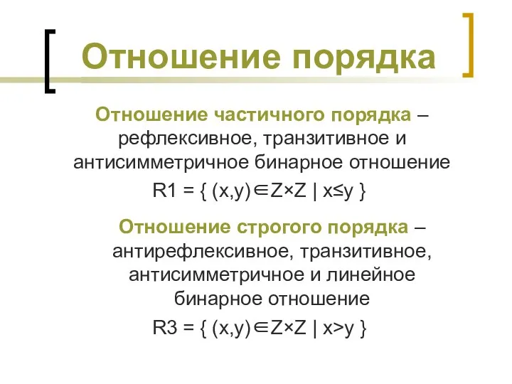 Отношение порядка Отношение частичного порядка – рефлексивное, транзитивное и антисимметричное бинарное отношение