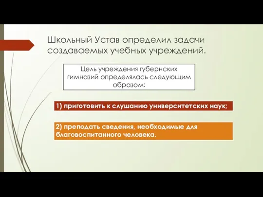 Школьный Устав определил задачи создаваемых учебных учреждений. Цель учреждения губернских гимназий определялась