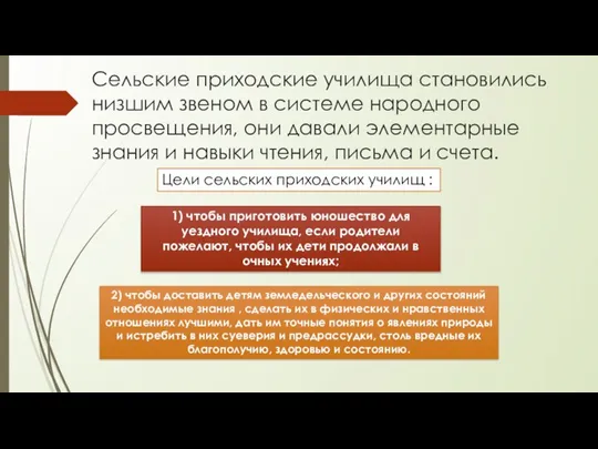 Сельские приходские училища становились низшим звеном в системе народного просвещения, они давали