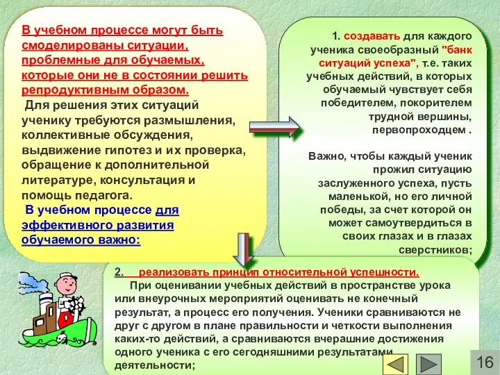 * 1. создавать для каждого ученика своеобразный "банк ситуаций успеха", т.е. таких