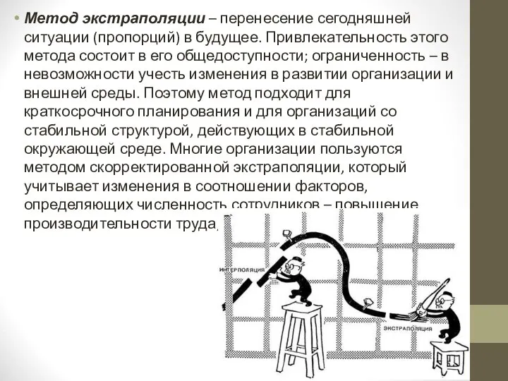 Метод экстраполяции – перенесение сегодняшней ситуации (пропорций) в будущее. Привлекательность этого метода