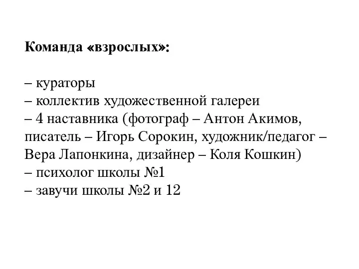 Команда «взрослых»: – кураторы – коллектив художественной галереи – 4 наставника (фотограф