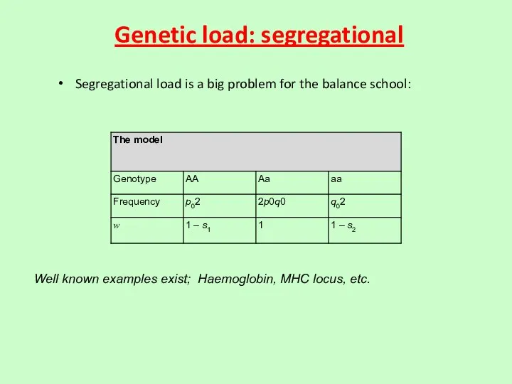 Genetic load: segregational Segregational load is a big problem for the balance