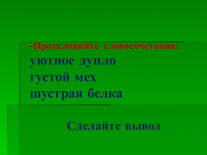 -Просклоняйте словосочетания: уютное дупло густой мех шустрая белка Сделайте вывод