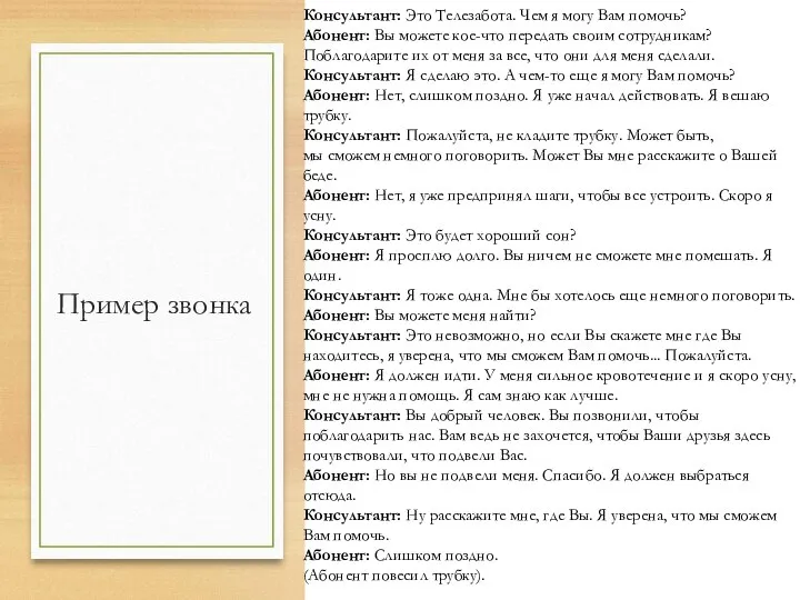 Пример звонка Консультант: Это Телезабота. Чем я могу Вам помочь? Абонент: Вы