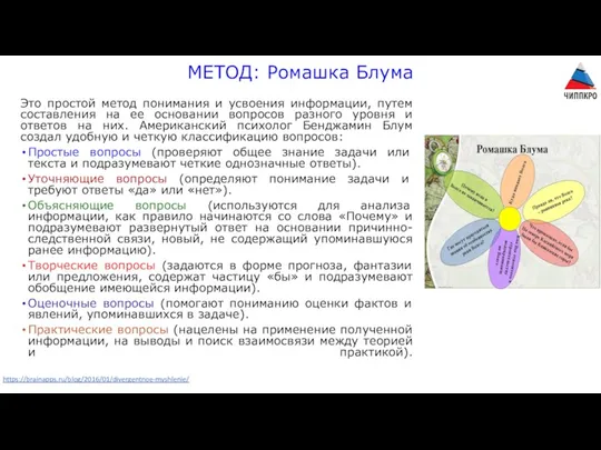 МЕТОД: Ромашка Блума Это простой метод понимания и усвоения информации, путем составления