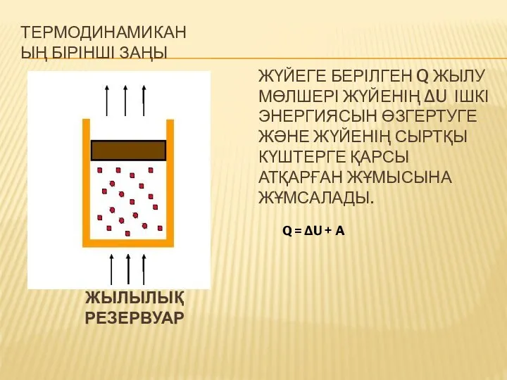 ЖҮЙЕГЕ БЕРІЛГЕН Q ЖЫЛУ МӨЛШЕРІ ЖҮЙЕНІҢ ΔU ІШКІ ЭНЕРГИЯСЫН ӨЗГЕРТУГЕ ЖӘНЕ ЖҮЙЕНІҢ