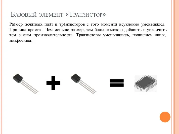 Базовый элемент «Транзистор» Размер печатных плат и транзисторов с того момента неуклонно