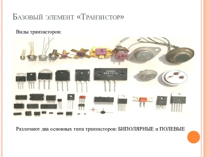 Базовый элемент «Транзистор» Виды транзисторов: Различают два основных типа транзисторов: БИПОЛЯРНЫЕ и ПОЛЕВЫЕ
