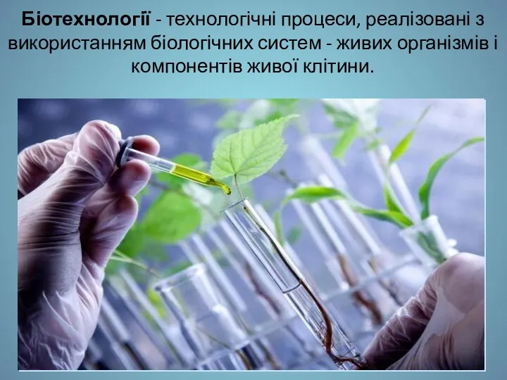 Біотехнології - технологічні процеси, реалізовані з використанням біологічних систем - живих організмів і компонентів живої клітини.