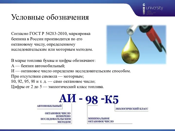 Условные обозначения Согласно ГОСТ Р 54283-2010, маркировка бензина в России производится по