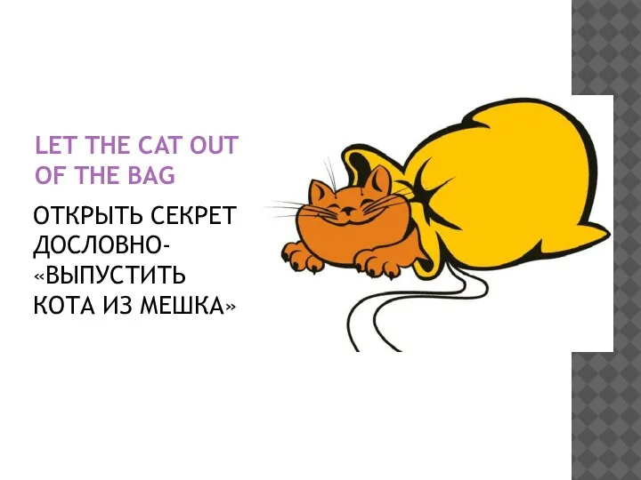 LET THE CAT OUT OF THE BAG ОТКРЫТЬ СЕКРЕТ ДОСЛОВНО- «ВЫПУСТИТЬ КОТА ИЗ МЕШКА»